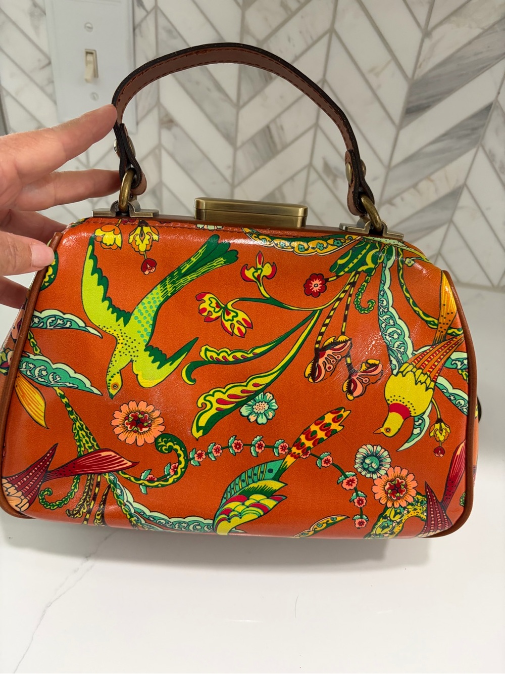 Patricia Nash Birds of Paradise Orange Top-Handle Bag Optional Shoulder Strap - Picture 6 of 8